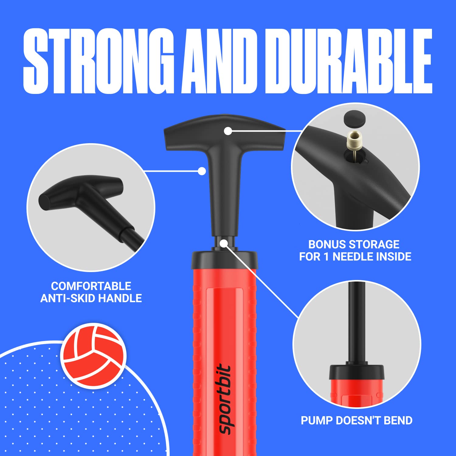 Sportbit Ball Pump With 3 Needles, Nozzle, Extension Hose, Pouch - Great Air Pump For Exercise Sport Balls - Football & Soccer,