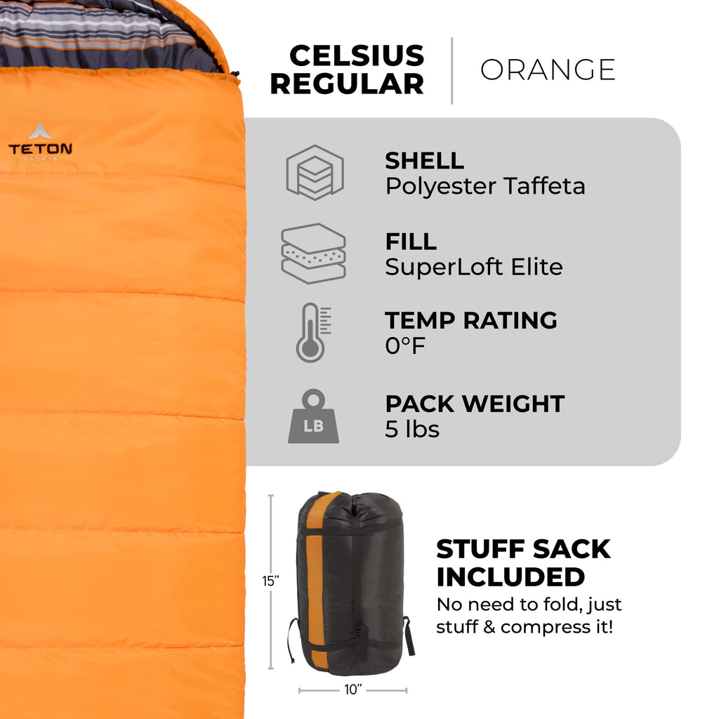 Teton Sports Celsius Regular Sleeping Bag; Great For Family Camping , Orange Poly Liner, 80 X 33-Inch, Right