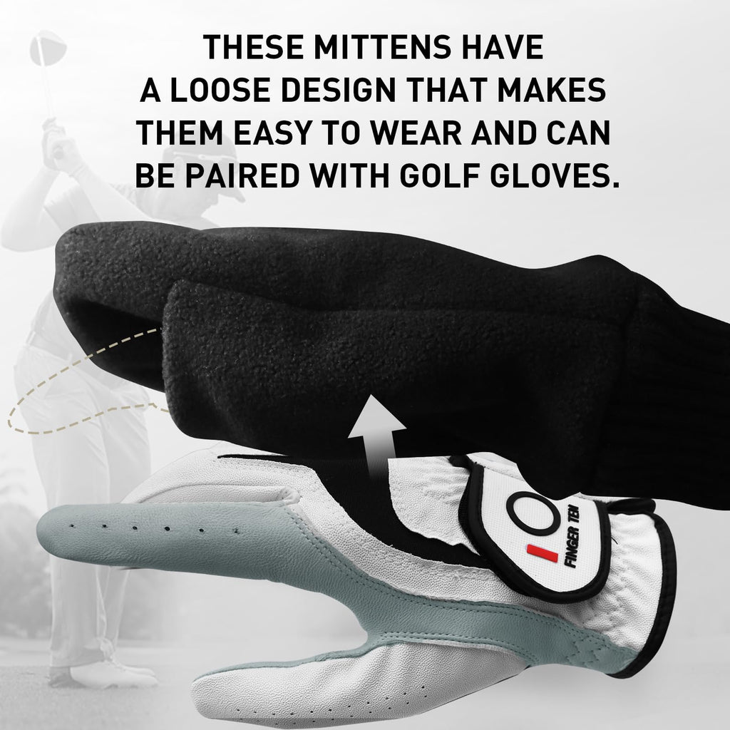 Finger Ten Winter Golf Gloves Men Mitts Mitten Warm Fleece In Pair, Pull Up Fit Soft Comfortable Set (Black, Large)