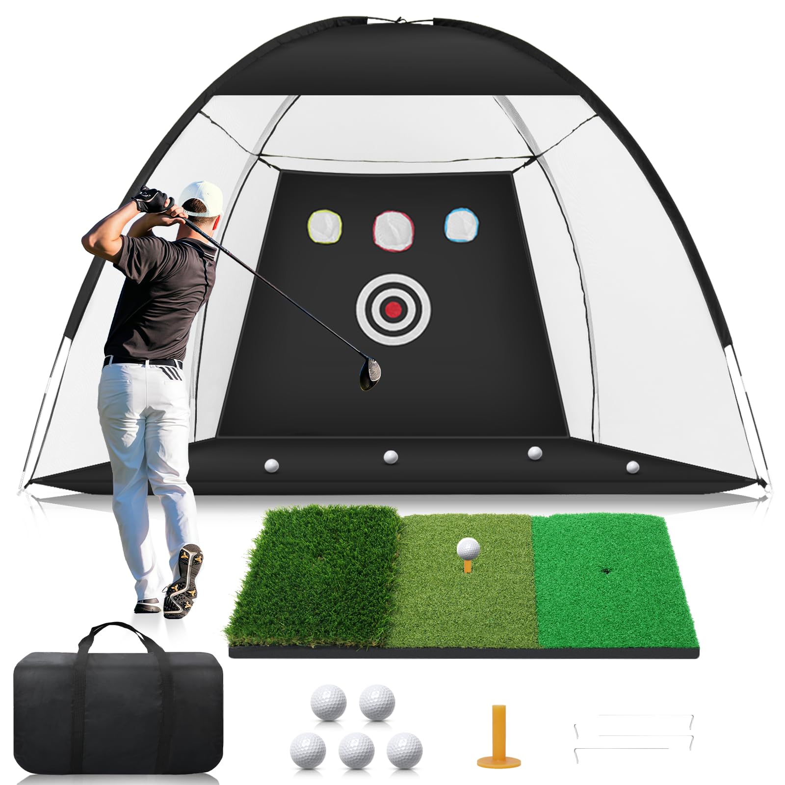 Golf Net: 10 x 7ft Golf Hitting Practice Net for Backyard Driving, Indoor & Outdoor Golf Chipping Training Net with Mat/Targets/