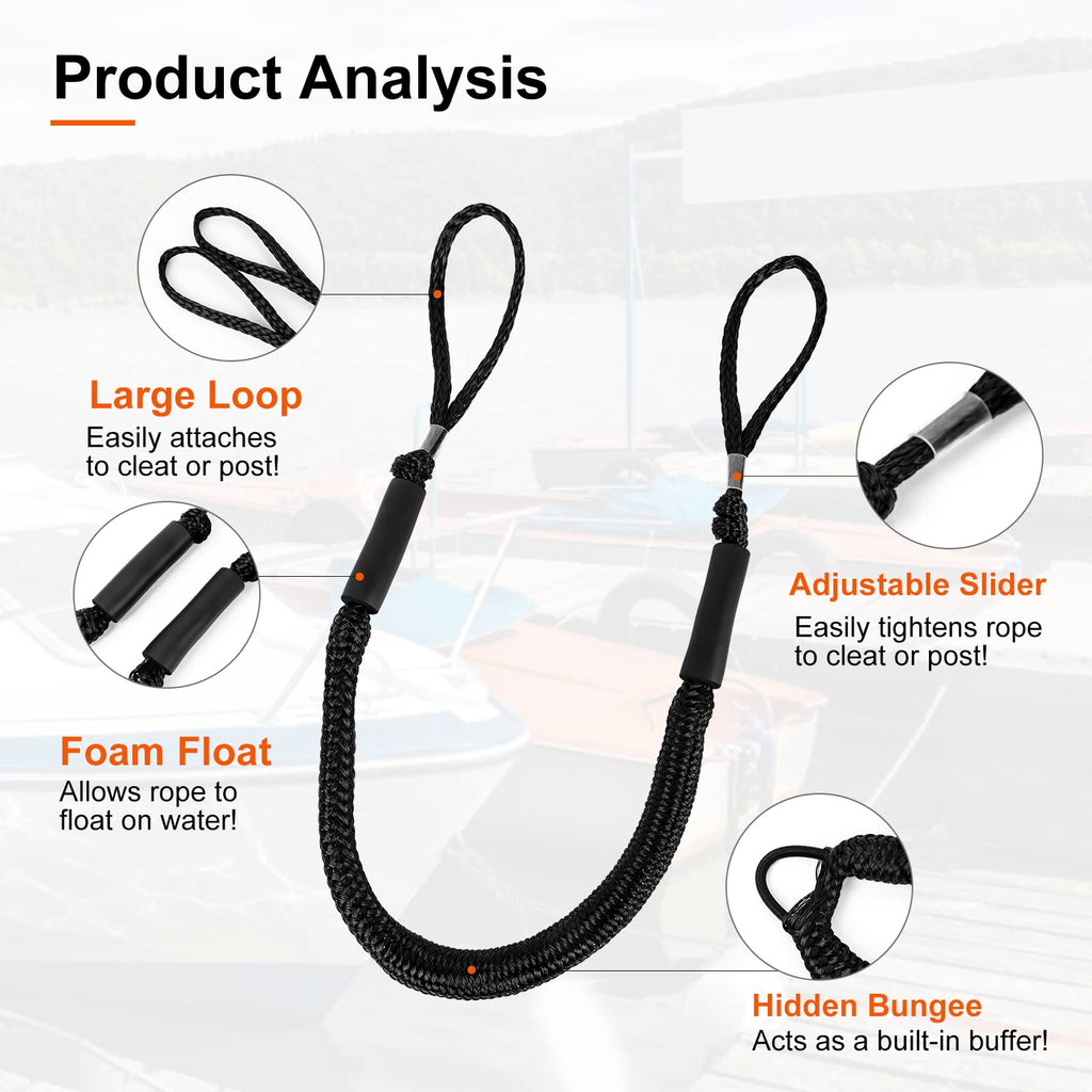 Bungee Dock Lines, 4 Feet Bungee Shock Cords Bungee Docking Rope Mooring Rope For Boat,Pwc,Jet Ski,Pontoon,Kayak,Canoe,Power Boa