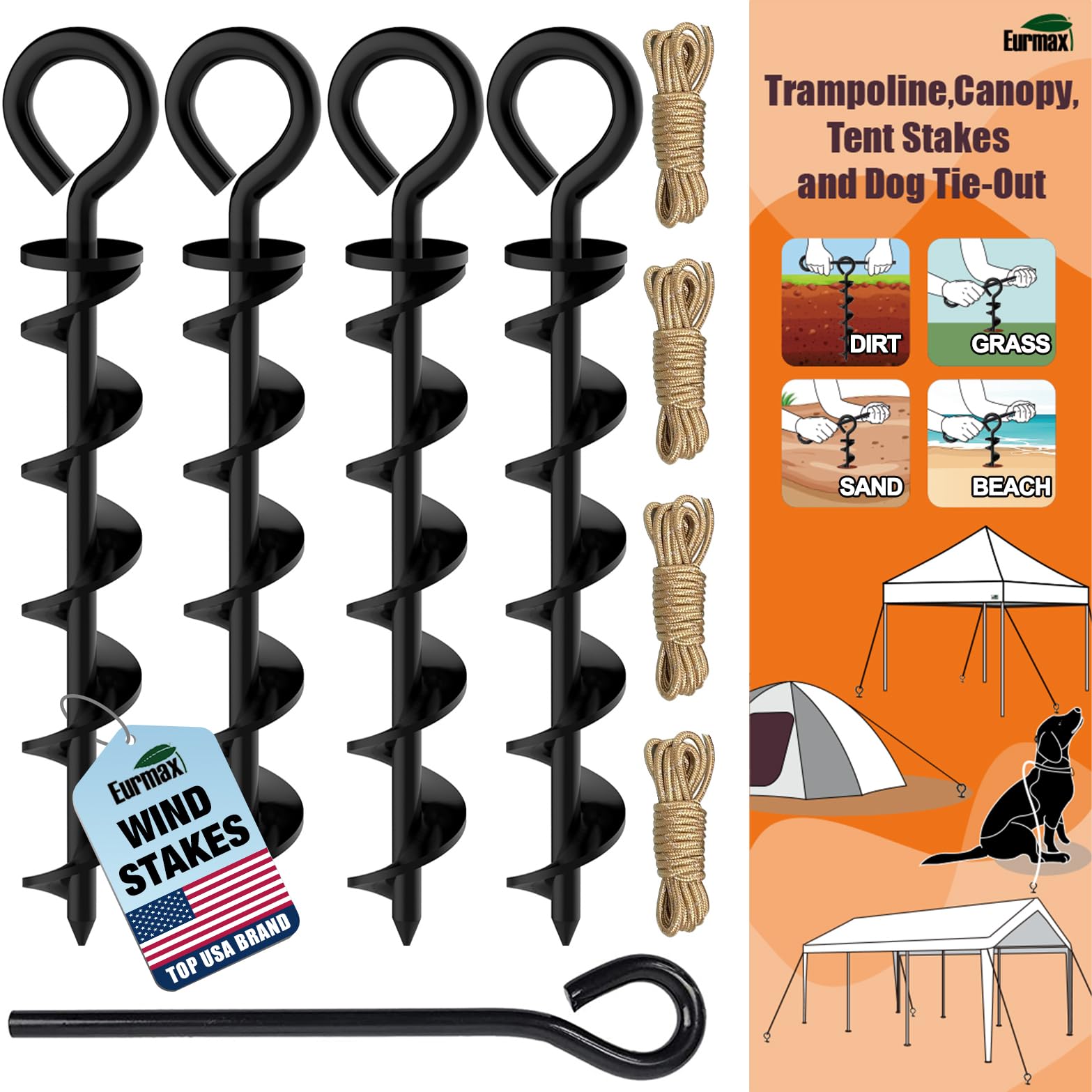 Eurmax Usa Canopy Tent Stakes Dog Tie Out Stakes Corkscrew Shape Steel Trampoline Stakes With Iron Rod Installation Tool & 4 Win