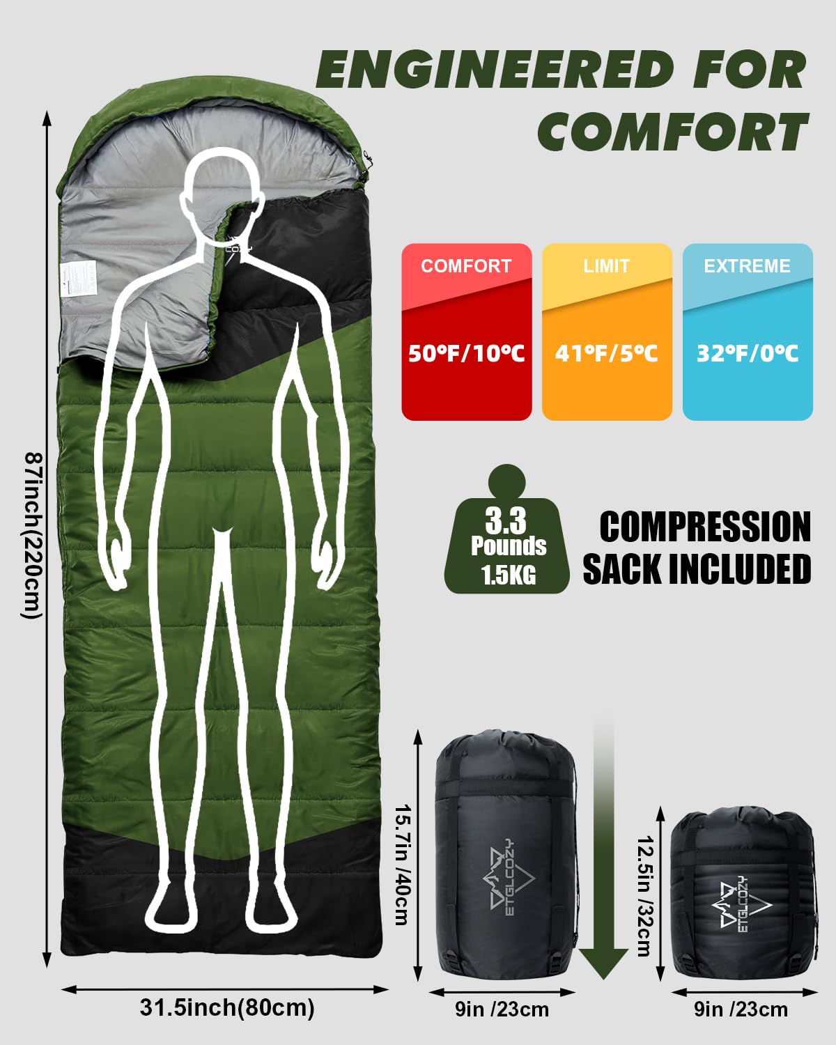 Etglcozy Sleeping Bag For Adults Cold Weather & Warm, Lightweight Backpacking Camping Hiking Essentials Gear For Kids 10-12 Girl