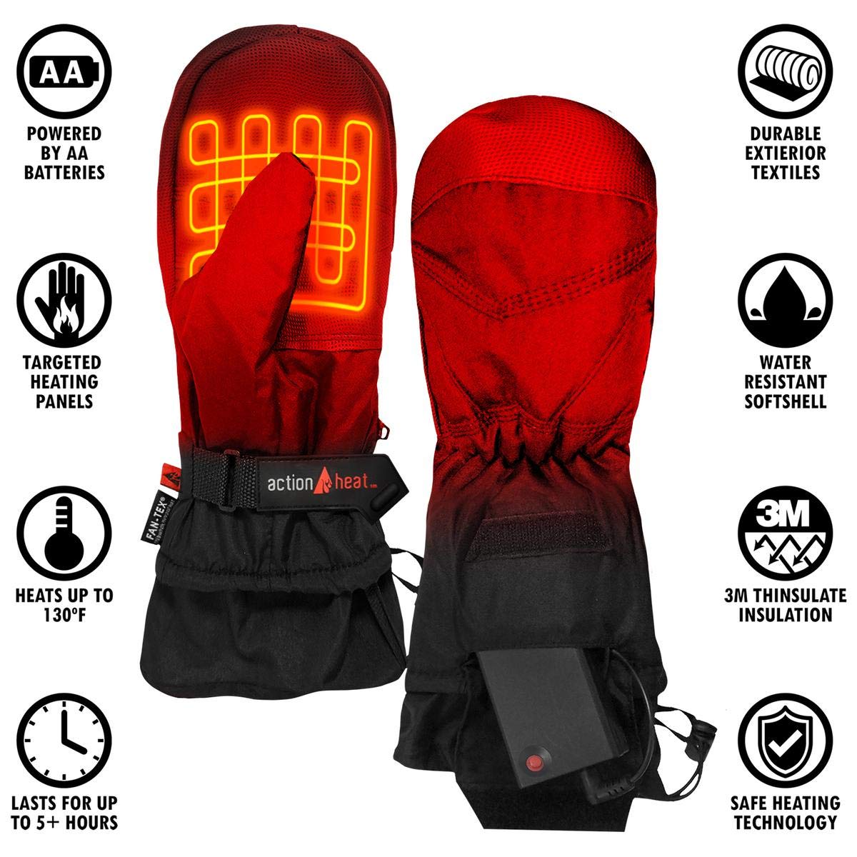 Actionheat Aa Battery Heated Mittens For Men, Women - Softshell Mittens W/Adjustable Gauntlet, Textured Grip Black