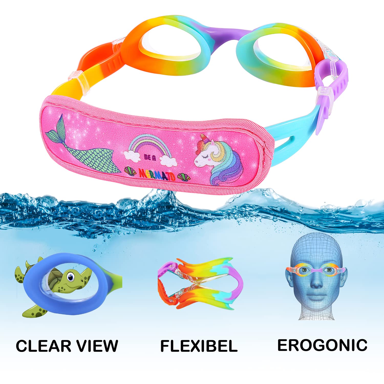 Ruigao 2Pk Kids Swim 3-5, Toddler Goggles Fabric Strap, No Hair Pull Swimming Goggles For Toddler/Kids/Youth (2Pk - Rainbow & Bl