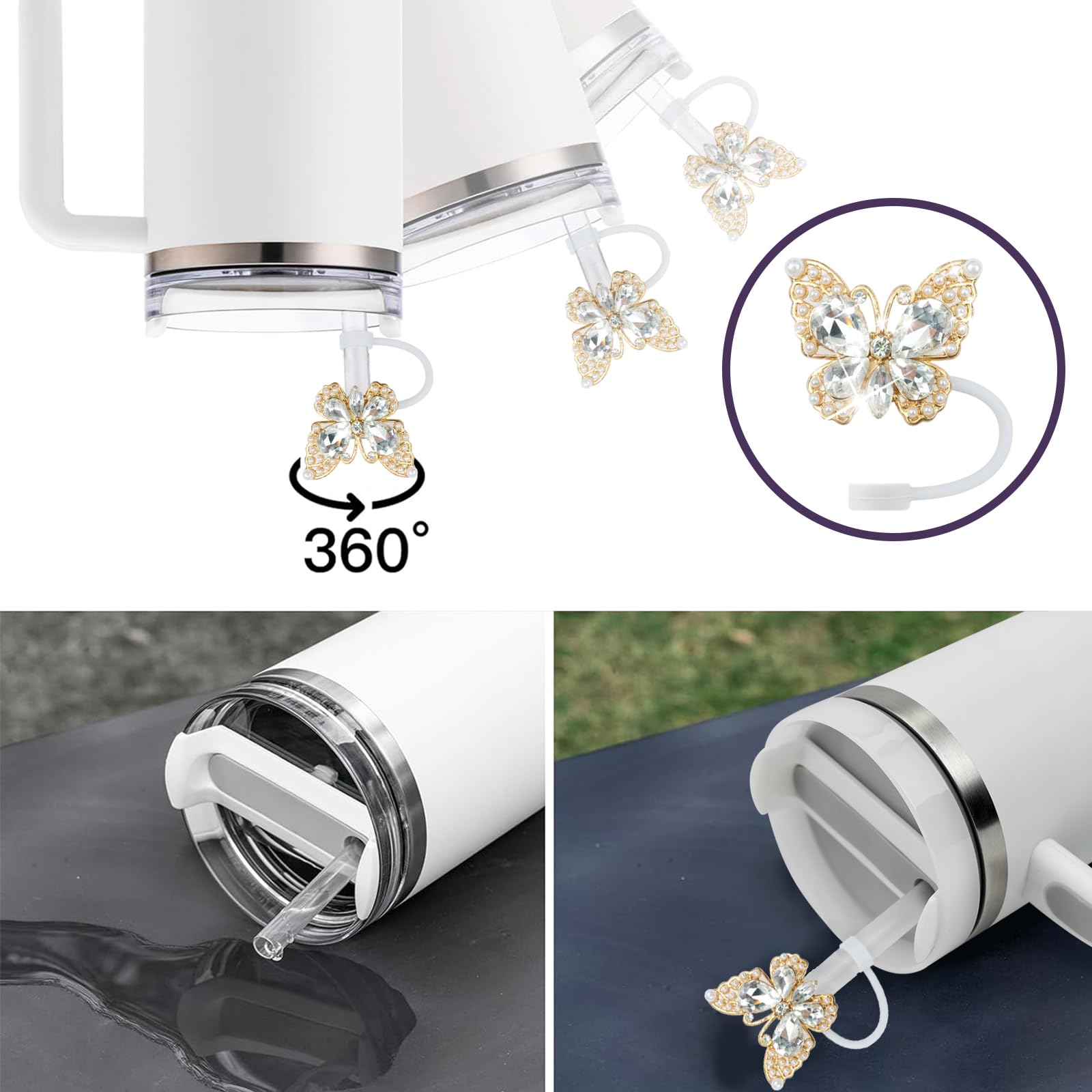 SEMATA 2PCS Cute Butterfly Straw Cover Cap for Stanley Cup Accessories,Bling Crystals Straw Toppers for Stanley Tumbler 40&30 oz