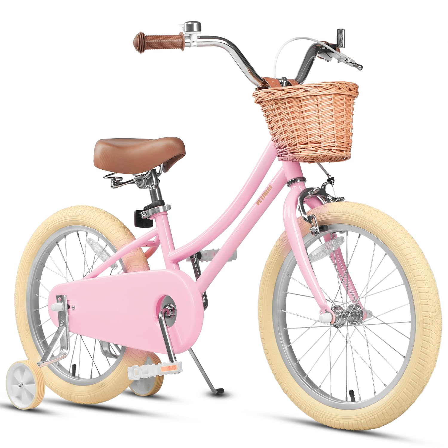 Petimini 18 Inch Little Kids Bike for Age 5 6 7 8 Years Old Girls Retro Vintage Style Bicycles with Basket Training Wheels and B
