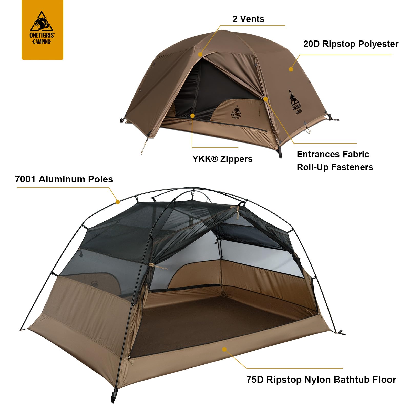 Onetigris Cosmitto 2 Person Backpacking Tent Shelter- Free Standing Lightweight Waterproof 3 Season Camping Tent For Outdoor Hik