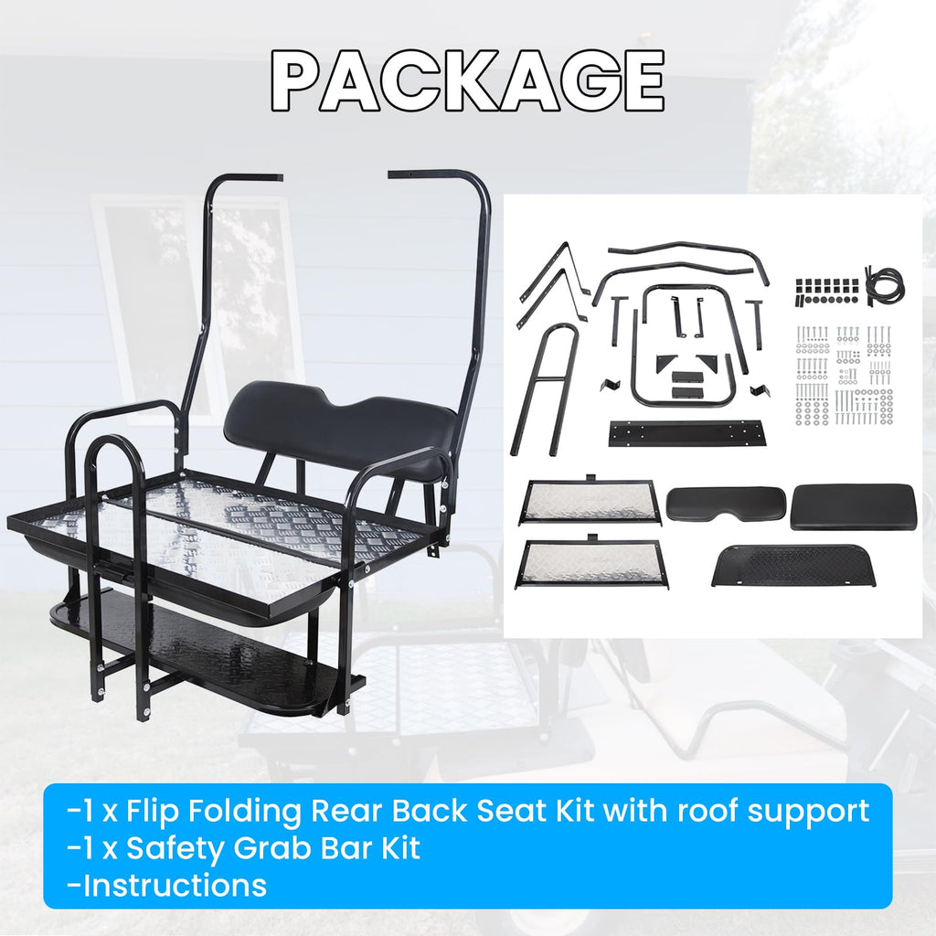 Kuafu Black Rear Flip Back Seat Compatible With 1982-2000.5 Club Car Ds Model Golf Cart 1102 Lbs Weight Capacity Heavy Duty Stee