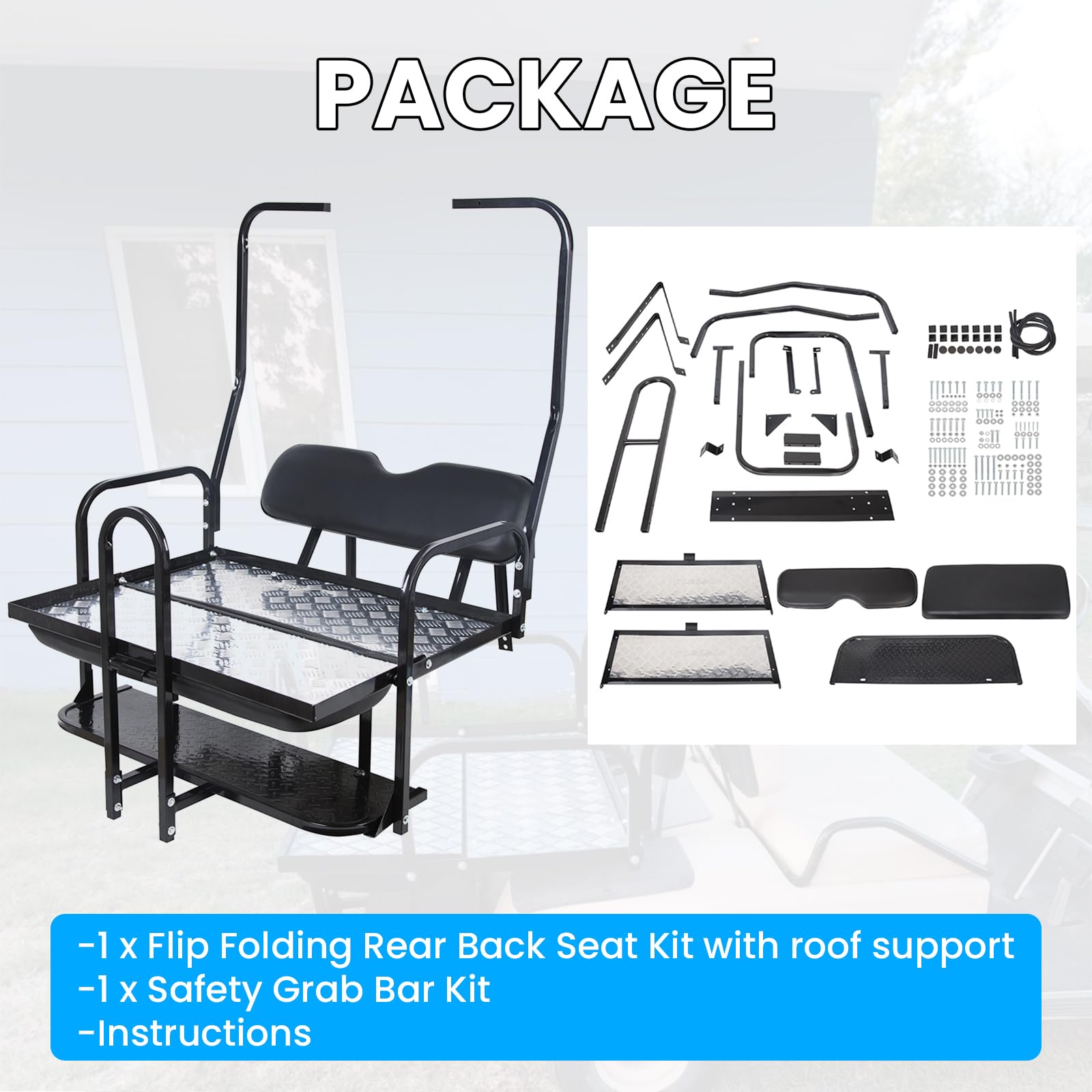 Kuafu Black Rear Flip Back Seat Compatible With 1982-2000.5 Club Car Ds Model Golf Cart 1102 Lbs Weight Capacity Heavy Duty Stee