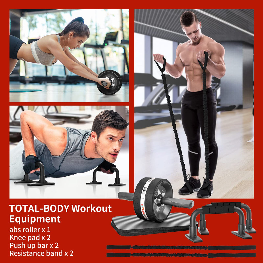 Entersports Abs Roller Wheel Kit, Exercise Wheel Core Strength Training Abdominal Roller Set With Push Up Bars, Resistance Bands