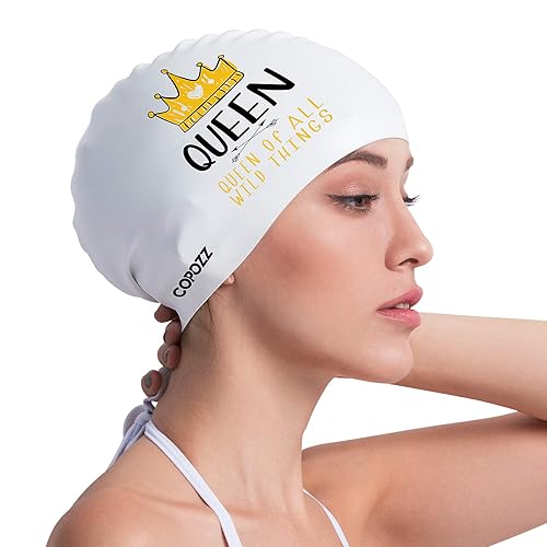 Copozz Swim Cap For Women, Silicone Waterproof Comfy Swimming Bathing Cap For Long Hair With Crown Printed