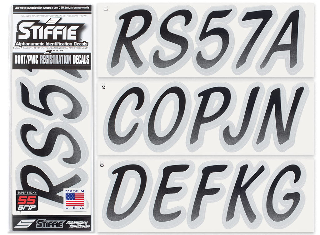 Stiffie Whipline Black/Silver Super Sticky 3 '' Alpha Numeric Registration Identification Numbers Stickers Decals For Sea-Doo Sp