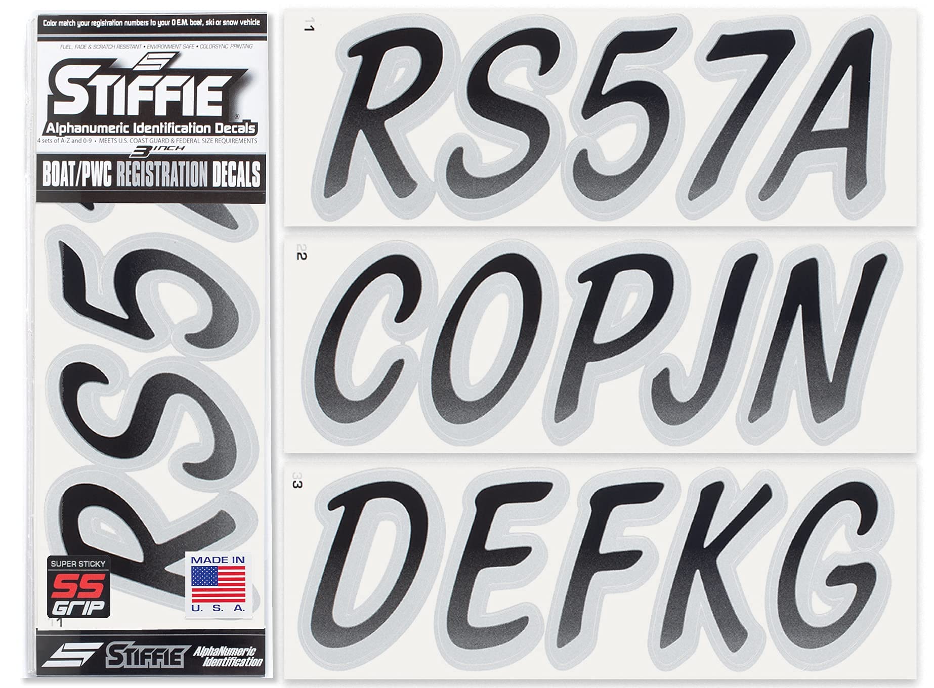 Stiffie Whipline Black/Silver Super Sticky 3 '' Alpha Numeric Registration Identification Numbers Stickers Decals For Sea-Doo Sp