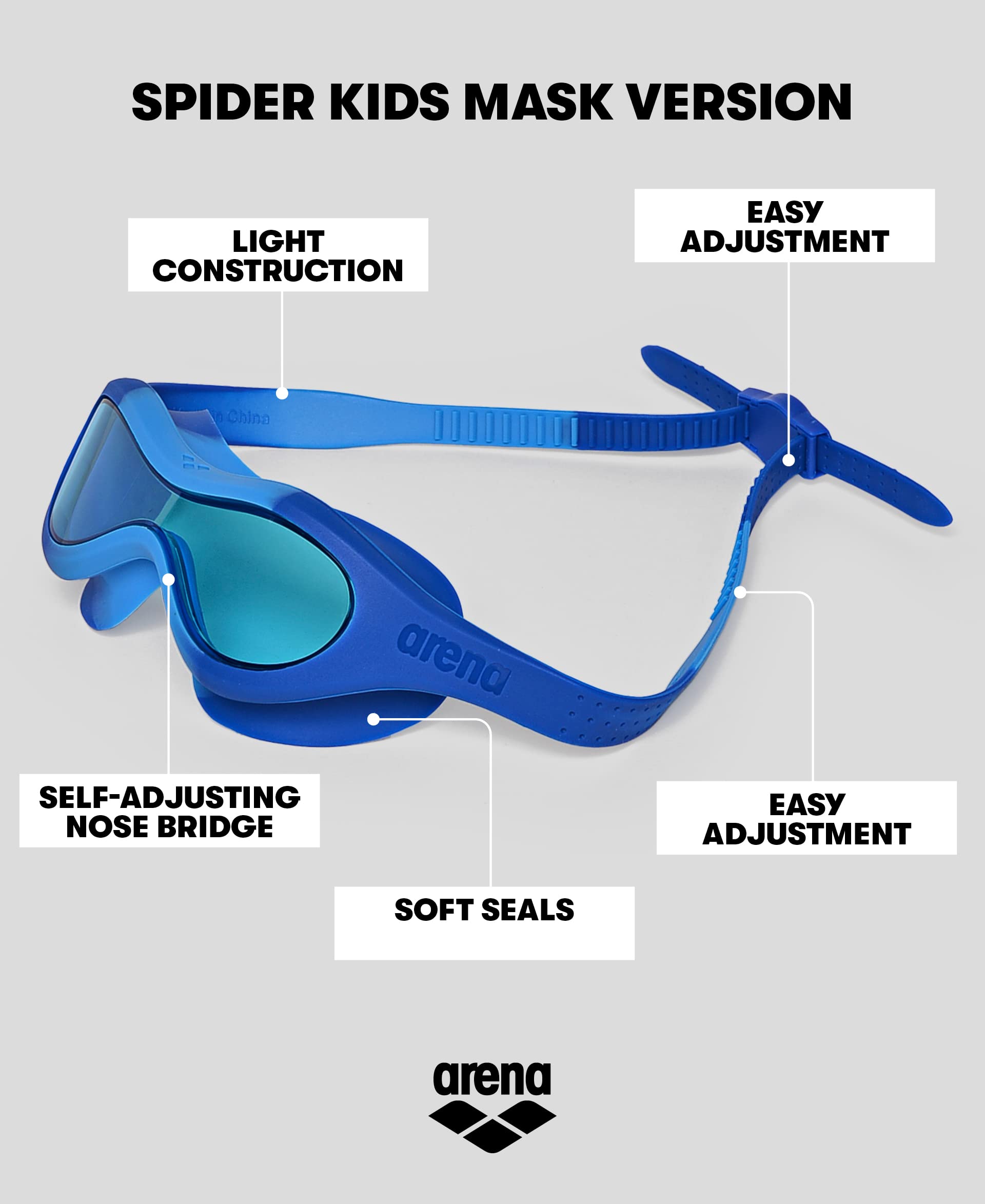 ARENA Unisex Kids Spider Swim Mask Boys and Girls Ages 2 to 5, Anti-Fog Non-Mirror Lens, Easy to Use Strap, Wide View and Snug F