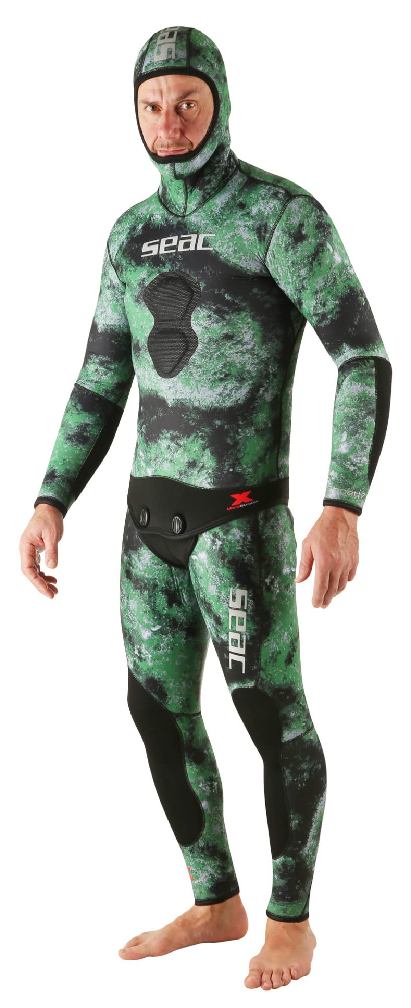 Seac Ghost, Jacket In 7 Mm Ultrastretch Neoprene With Incorporated Hood For Freediving And Spearfishing, Camo Green, Large
