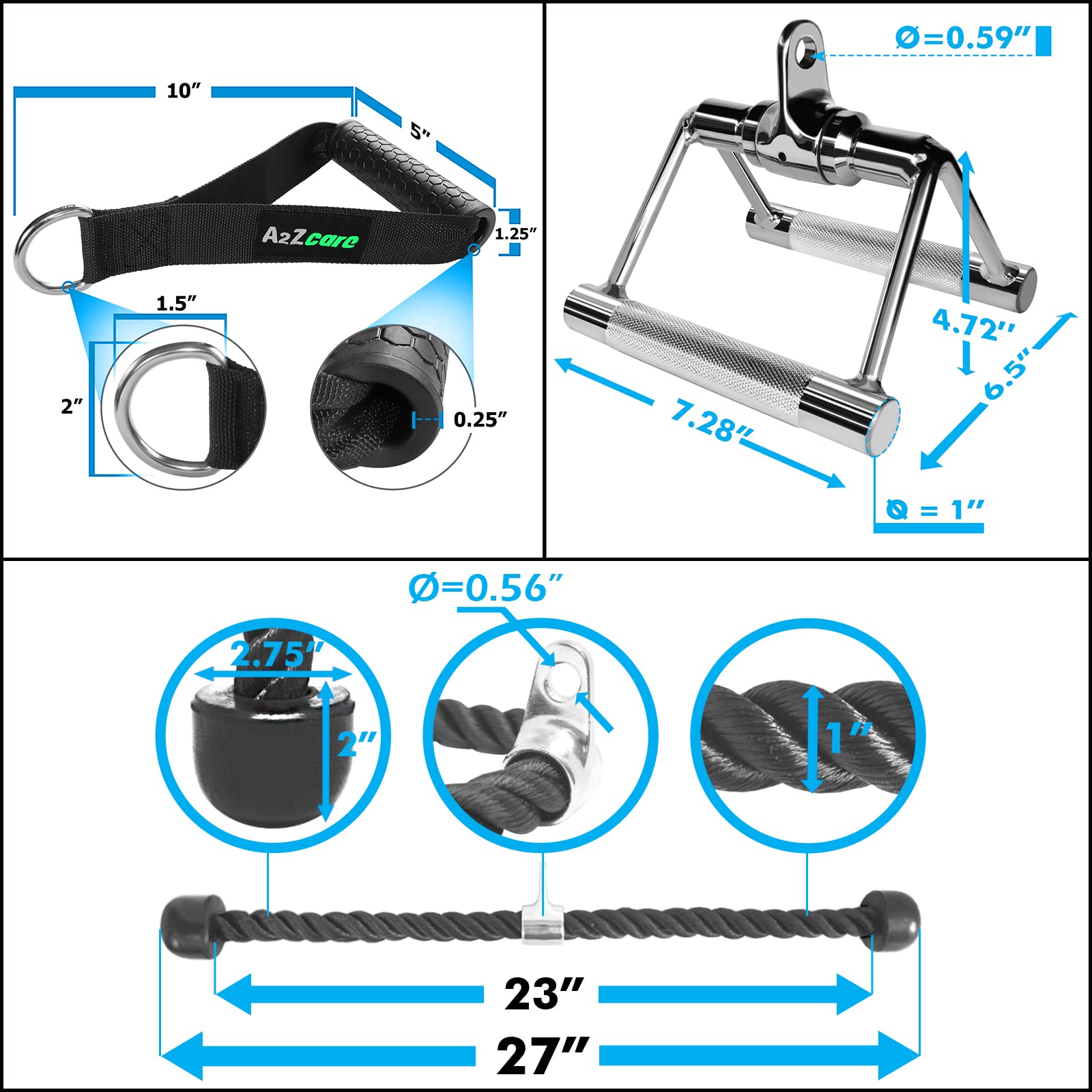 A2Zcare Combo Tricep Press Down Cable Attachment - Cable Machine Accessories For Home Gym With Multi Option (F. Combo V-Handle W
