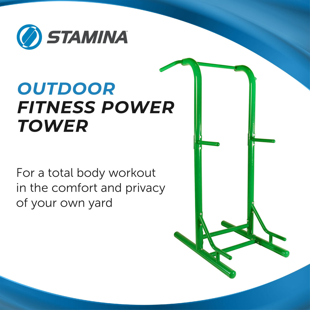 Stamina Outdoor Fitness Power Tower Dip Bar - Pull Up Bar Station With Smart Workout App - Dip Bars For Home Workout - Up To 300