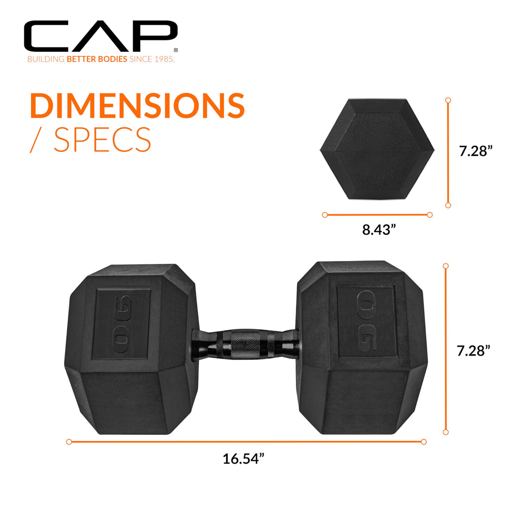 CAP Barbell 90 LB Rubber Coated Hex Dumbbell Hand Weight - Pair | Black Handle