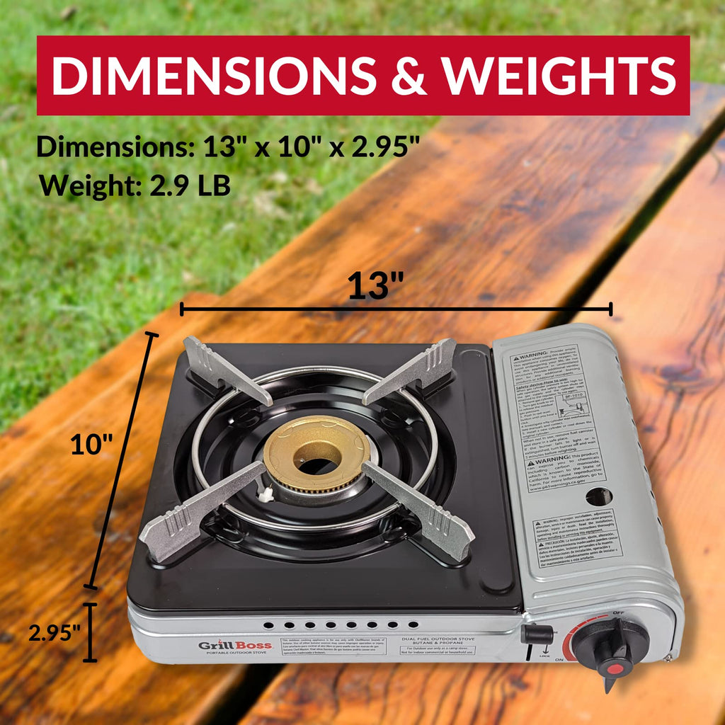 Grill Boss 90057 Dual Fuel Camp Stove  Works With Both Butane And Propane  Perfect For Camping & Hiking  Emergency Cooking Stove