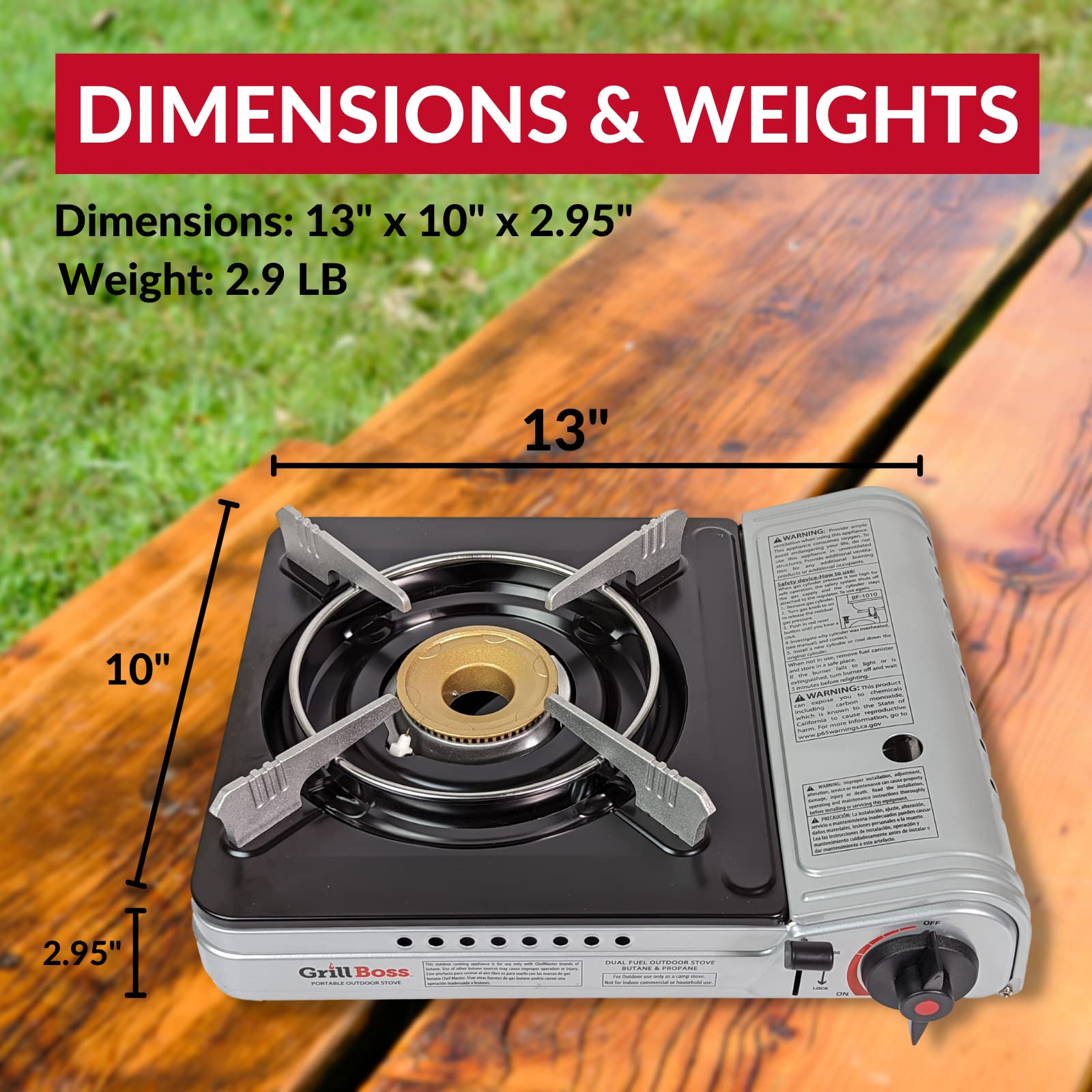 Grill Boss 90057 Dual Fuel Camp Stove  Works With Both Butane And Propane  Perfect For Camping & Hiking  Emergency Cooking Stove