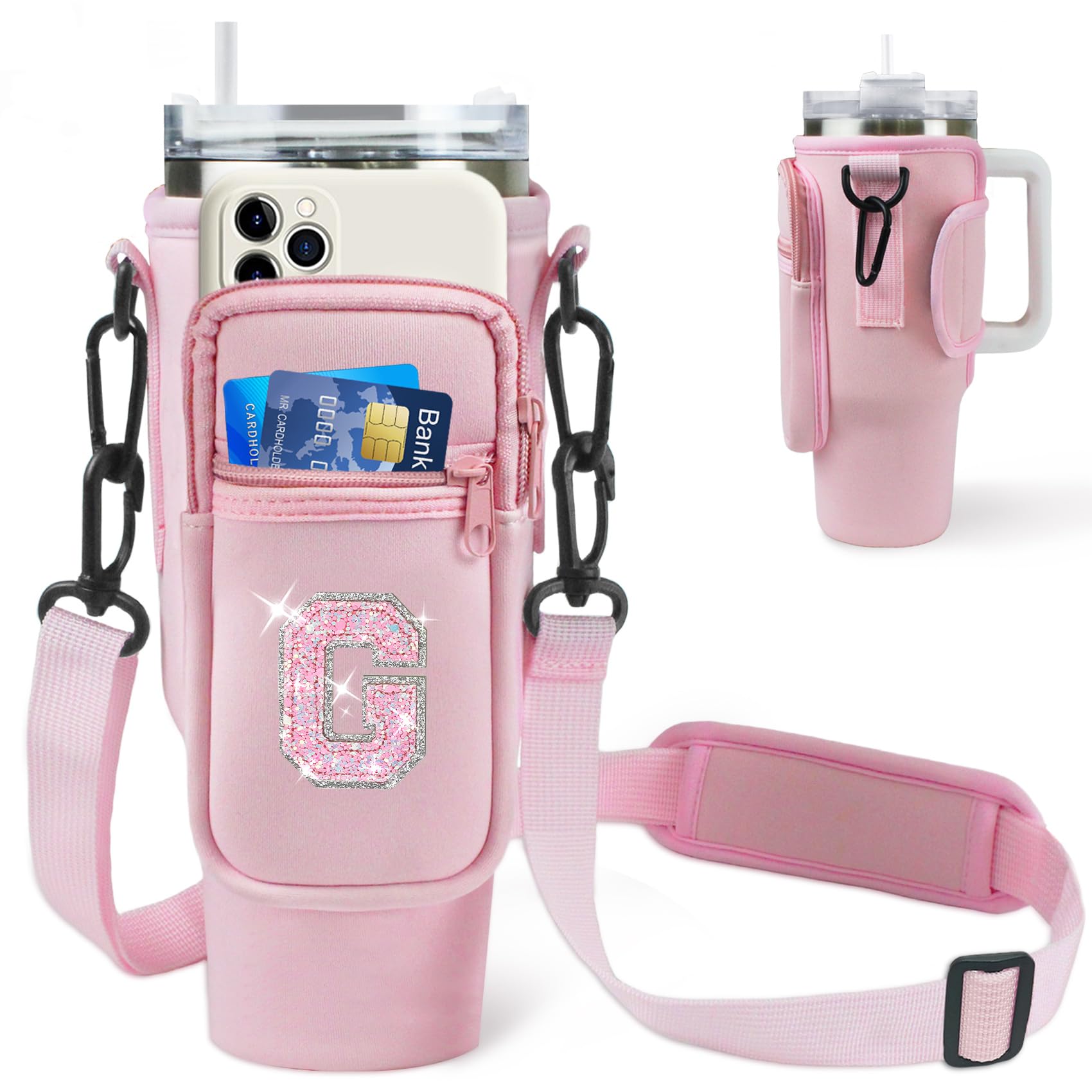 Aganmi Water Bottle Holder Bag With Strap For Stanley 40 Oz Tumbler With Handle,Initial Crossbody Water Bottle Carrier Bag With
