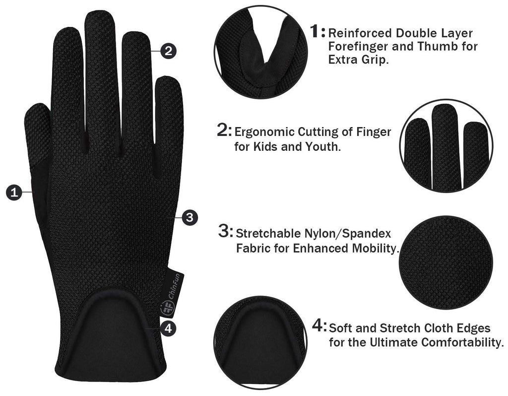 Chinfun Kids Horse Riding Gloves Equestrian Horseback Gloves For Youth Children Boys Girls Outdoor Biking Cycling Running Black