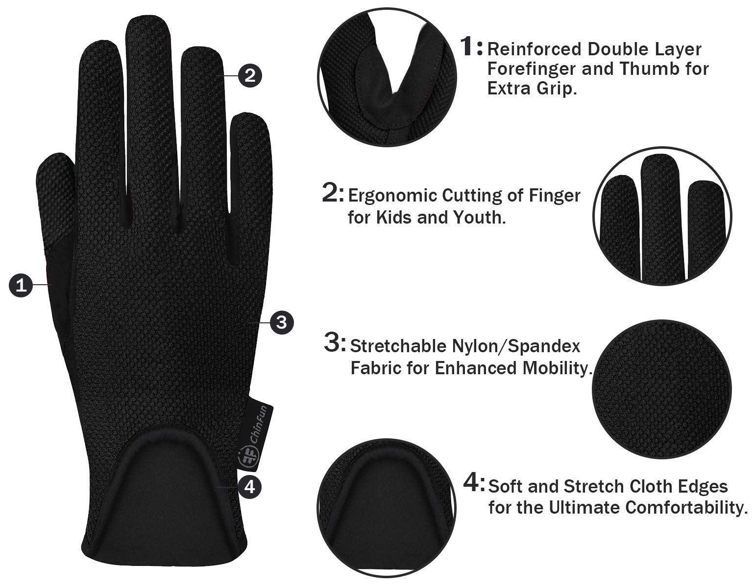 Chinfun Kids Horse Riding Gloves Equestrian Horseback Gloves For Youth Children Boys Girls Outdoor Biking Cycling Running Black