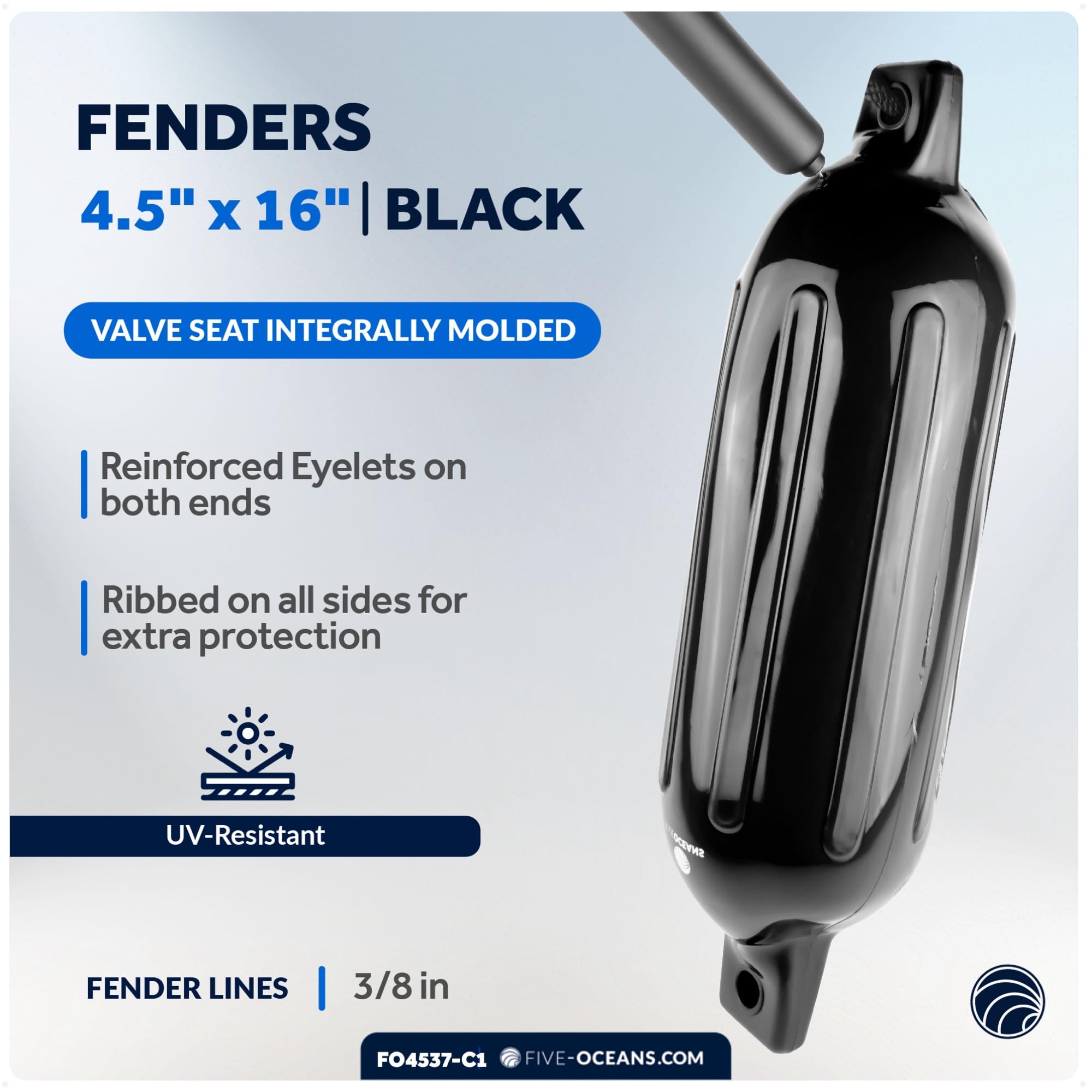 Five Oceans Boat Fenders Complete Set - Includes 4-Pack 4.5 X 16-Inch, Black - Boat Bumpers Clips, Dock Lines 3/8'' X 15' - 4 Ro