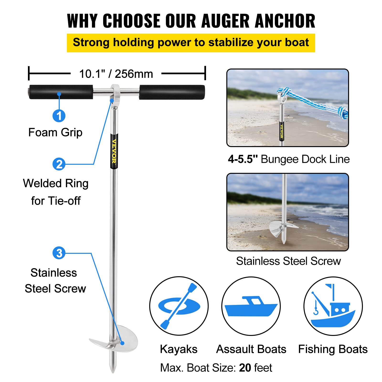 Vevor Sand Anchor, 18'' Length Auger To The Beach And Sandbar, 316 Stainless Steel Screw Anchor W/Removable Handle, Bungee Line