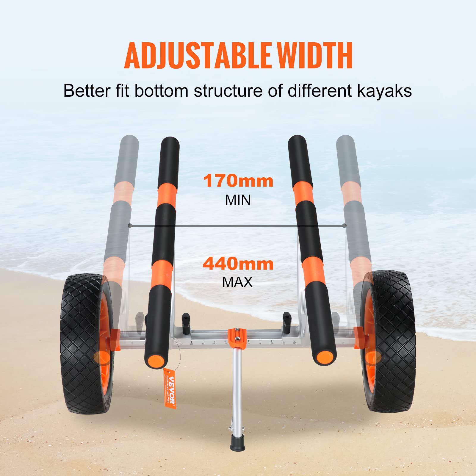 Vevor Heavy Duty Kayak Cart, Foldable Canoe Trolley Cart With 12'' Tires, Adjustable Width 6.69''-17.32'',350 Lb Weight Capacity