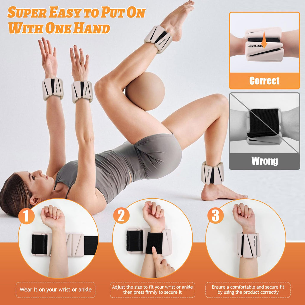 BECOJADDE Ankle Weights Set of 2 (3 lb Each) Adjustable Wrist Weights for Women Men Wearable Arm Leg Weight for Pilates, Running