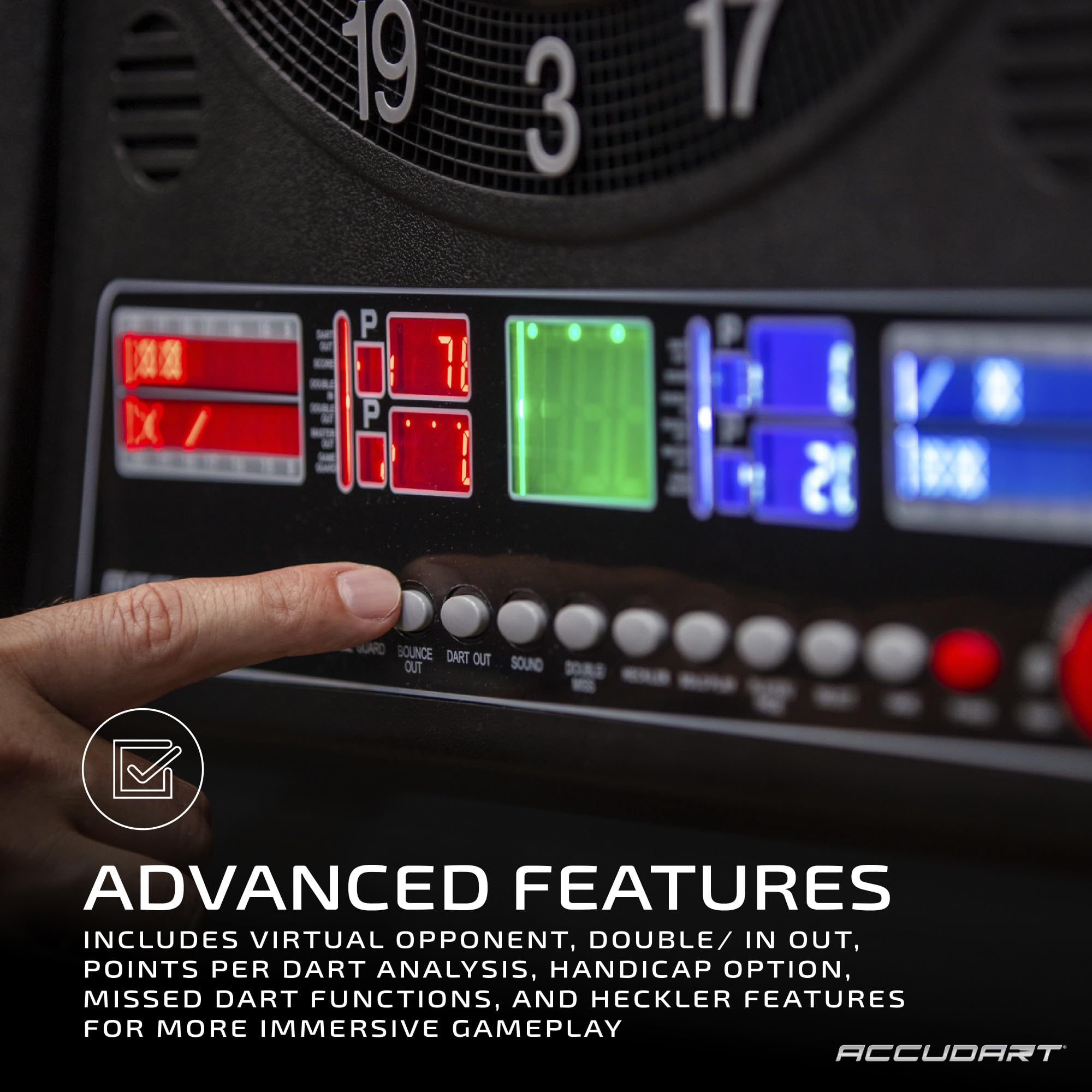 Accudart Apollo Electronic Dartboard Cabinet - 38 Game Modes - 137 Game Variations - Advanced Features - Colorful Backlit Scorin