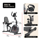 Sunny Health & Fitness Smart Recumbent Bike W/Workout Bands, 300Lb Capacity Compact Equipment For Indoor Full-Body Exercise, Adj