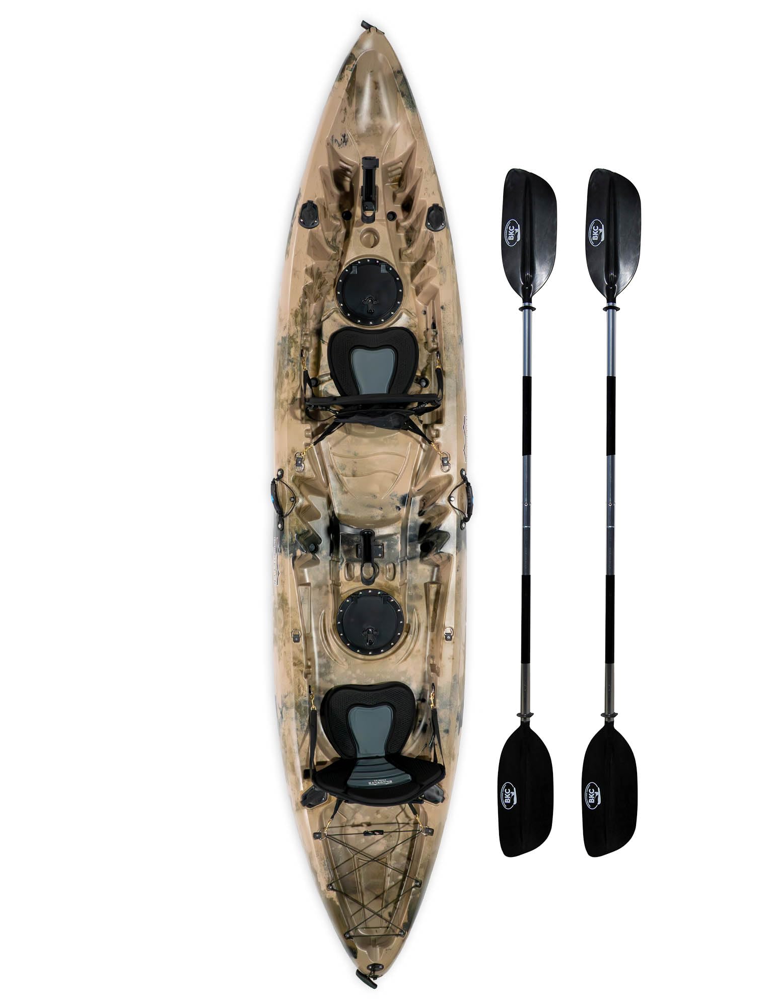 Bkc Tk219 12.5-Foot Tandem 2 Or 3 Person Sit On Top Fishing Kayak W/Padded Seats And Paddles (Camo)