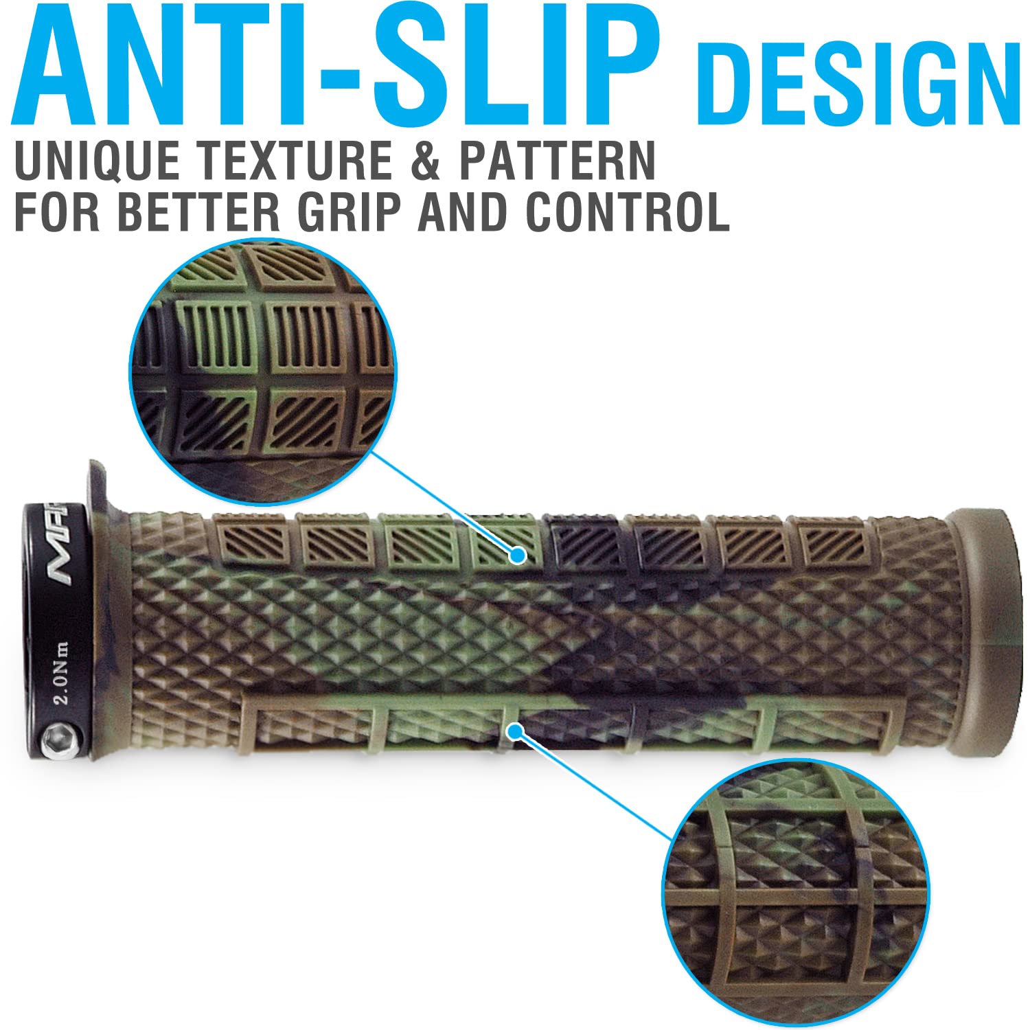 Marque Grapple Mountain Bike Handlebar Grips - Single Lock-On Ring Mtb And Bmx Bicycle Handle Bar With Non-Slip Grip (Jungle Cam