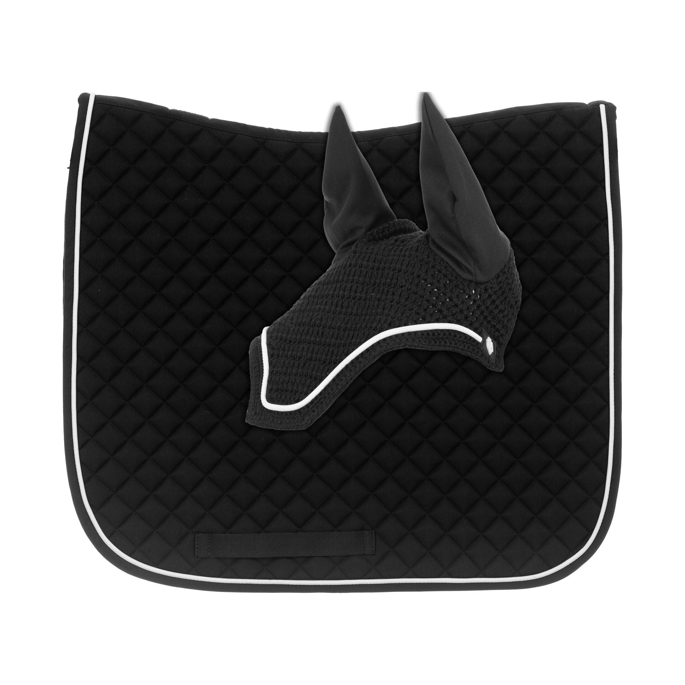 Equinavia Voss Dressage Saddle Pad and Crocheted Bonnet Set - Black/White - Horse