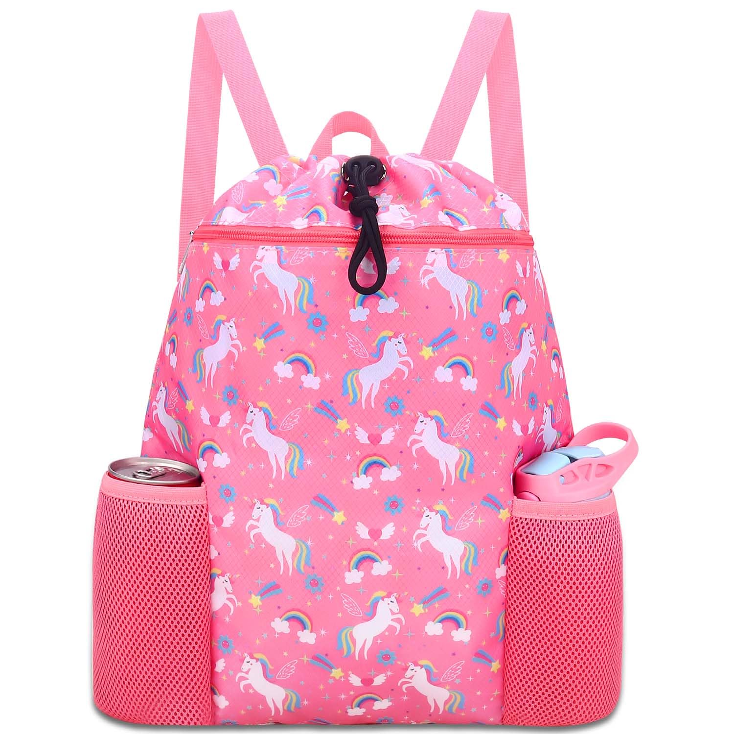 RHCPFOVR Unicorn Swim Bag for Girls - Drawstring Backpack for Kids Swim Bag for Beach Swimming Pool Lightweight Draw String Bags
