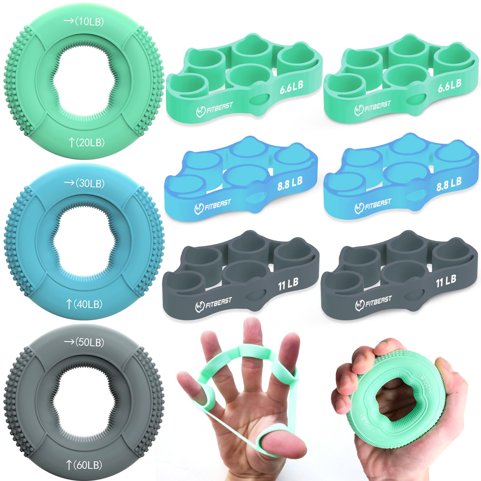 Fitbeast Grip Strength Trainer, Finger Exerciser, Forearm Strengthener 9-Piece Kit, Hand Grip Strengthener Targeted Strength, Re