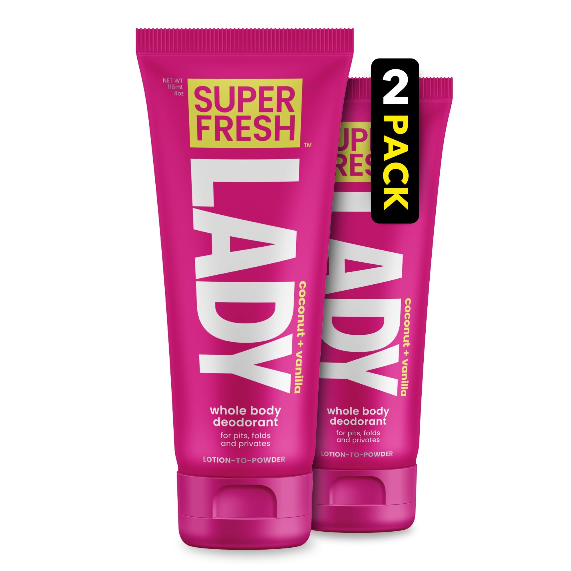 Whole Body Deodorant for Women by Super Fresh Lady Aluminum Free Powder Lotion for Privates and Body Stops Odor and Chafing Coco