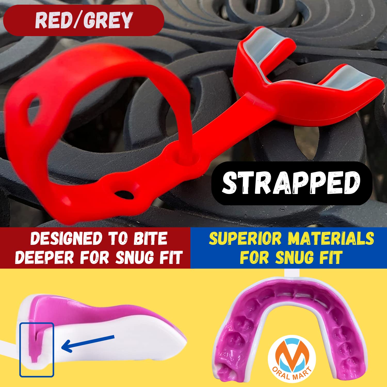Oral Mart Red/Gray Strapped Youth Mouth Guard For Kids - Sports Mouthguard With Strap For Football, Ice Hockey, Lacrosse, Taekwo