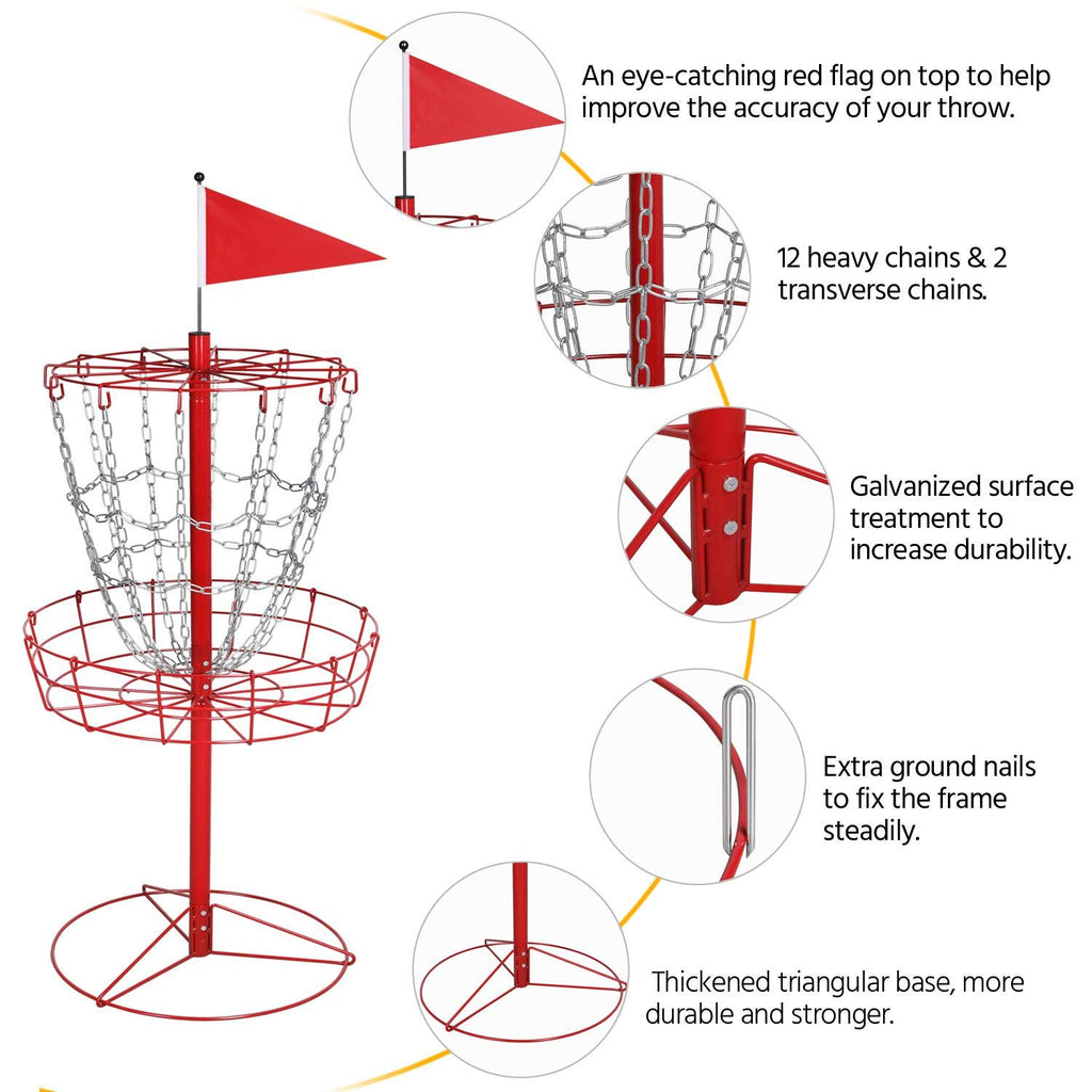 Yaheetech 12-Chain Portable Disc Golf Basket Target Accessories Disc Golf Set W/Basket Target And Double Steel Chains Red