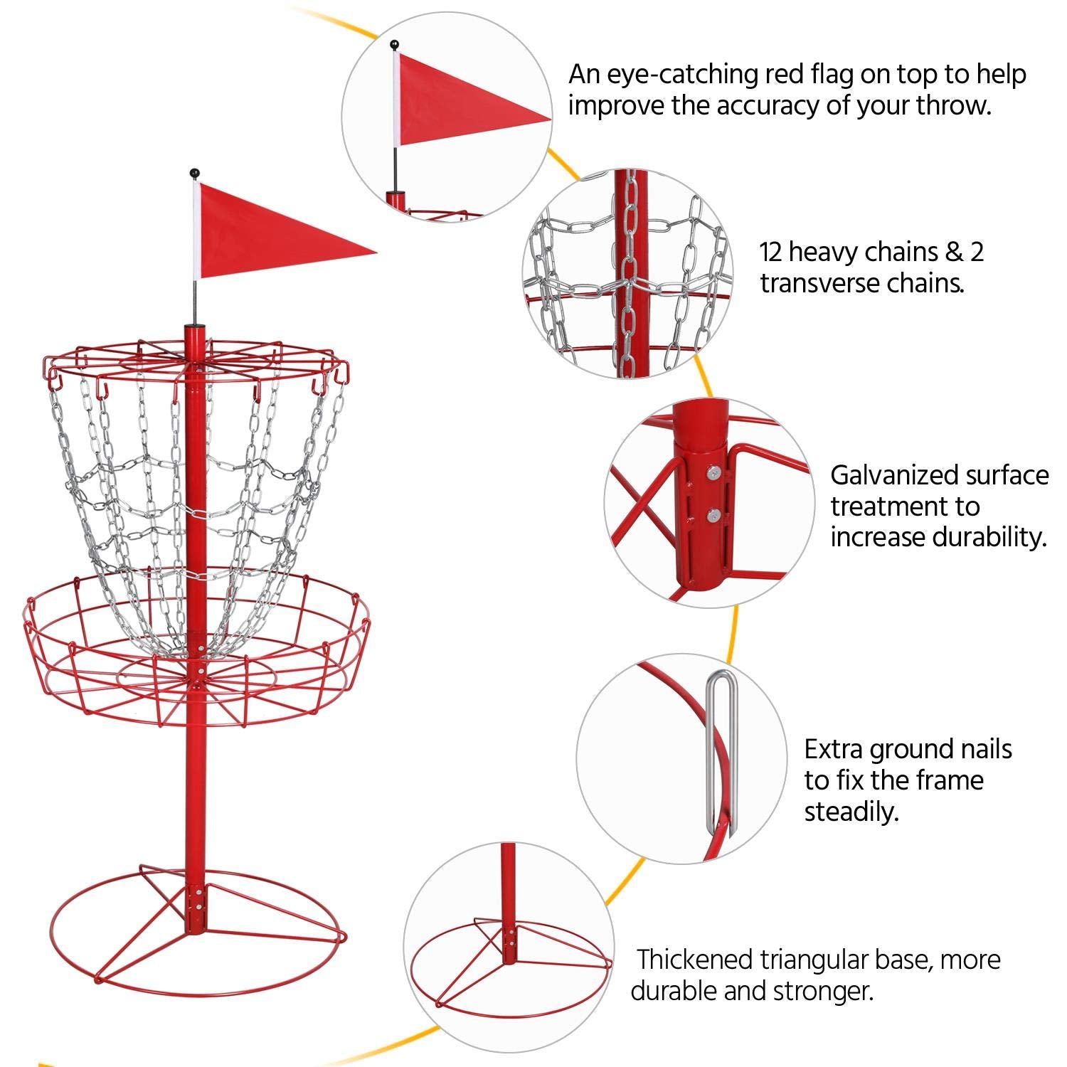 Yaheetech 12-Chain Portable Disc Golf Basket Target Accessories Disc Golf Set W/Basket Target And Double Steel Chains Red