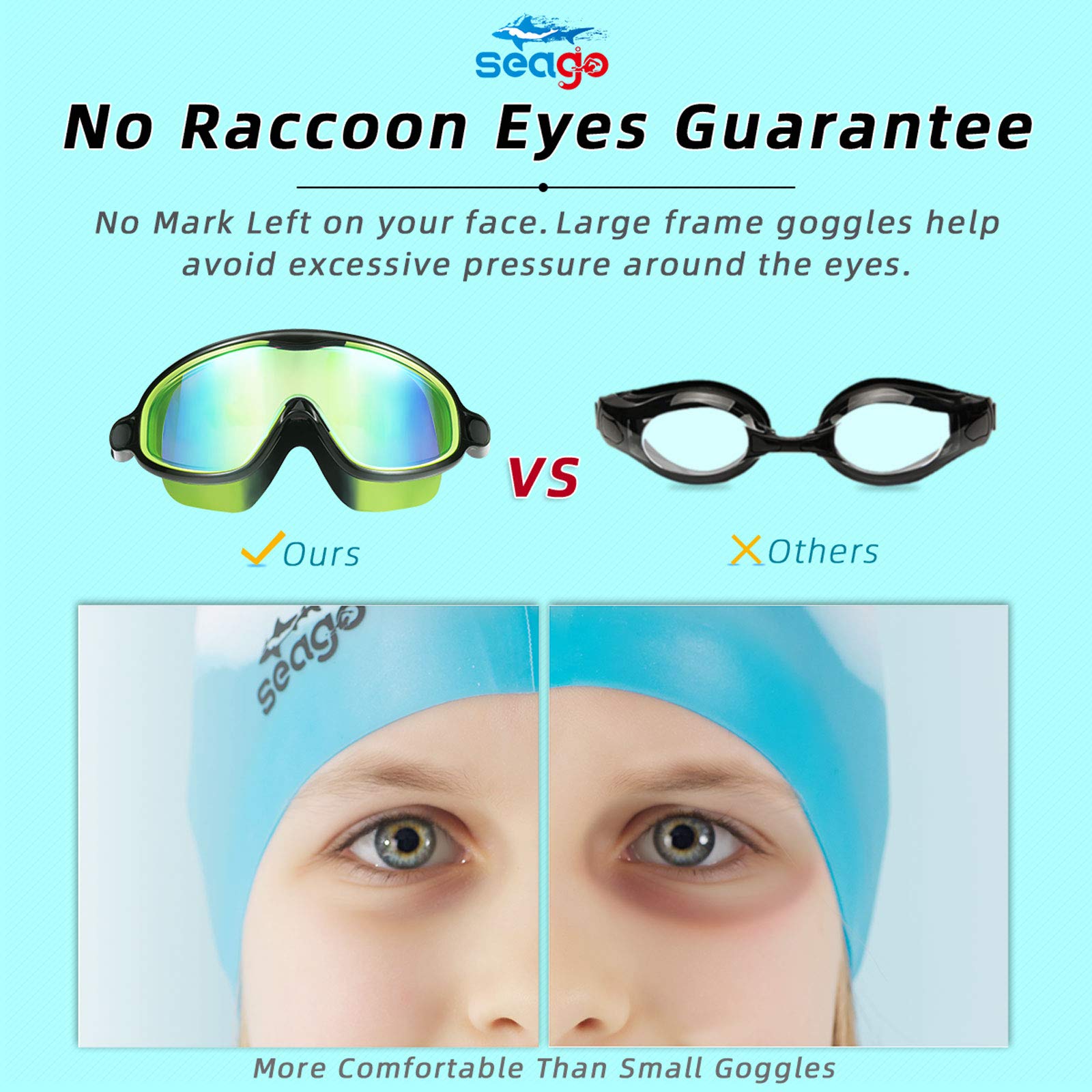Seago Swim Goggles 2 Pack Anti-Fog Anti-Uv Wide View Uv Protection, Adjustable Swimming Goggles For Kids 3-15, Light Blue & Blac