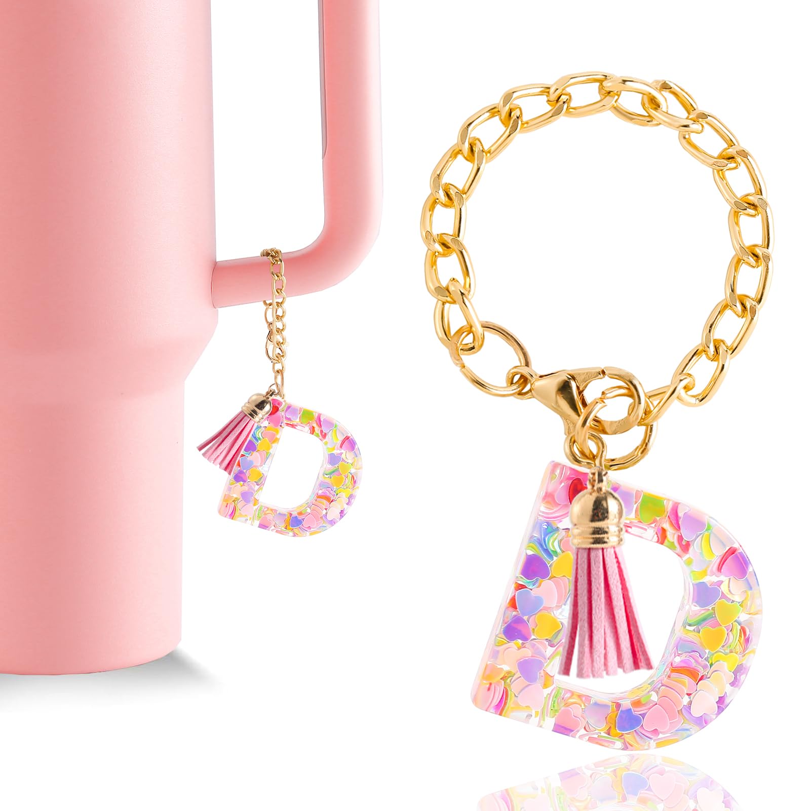 Letter Charm Accessories for Stanley Cup 1 PCS Cute Initial Keychain Handle Charm for Stanley Tumbler for Women Pink Letter D