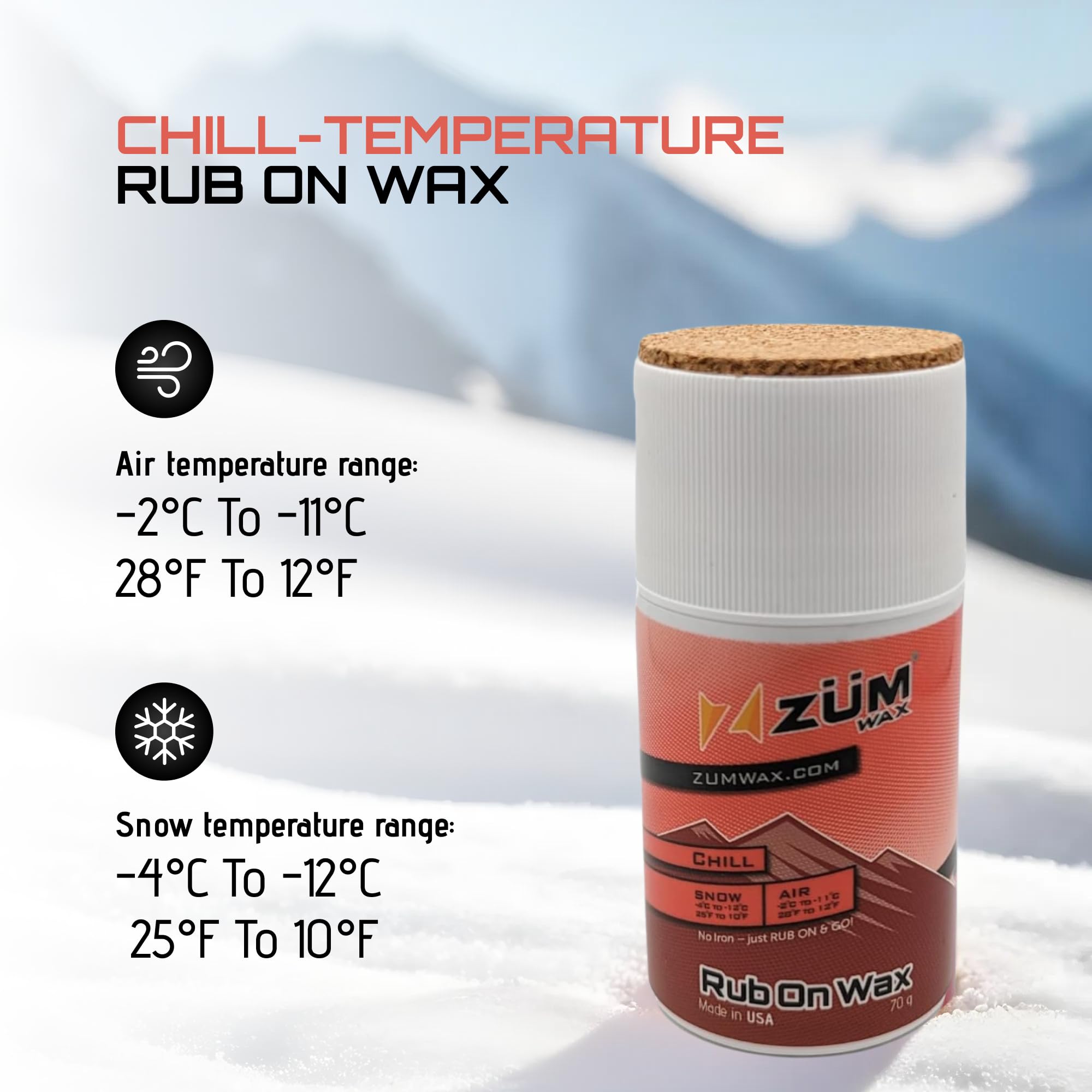 Zumwax Rub-On Ski/Snowboard/Nordic/Cross-Country Wax 70G, Chill Temperature, Easy Cork Applicator, Long-Lasting Performance, Sec