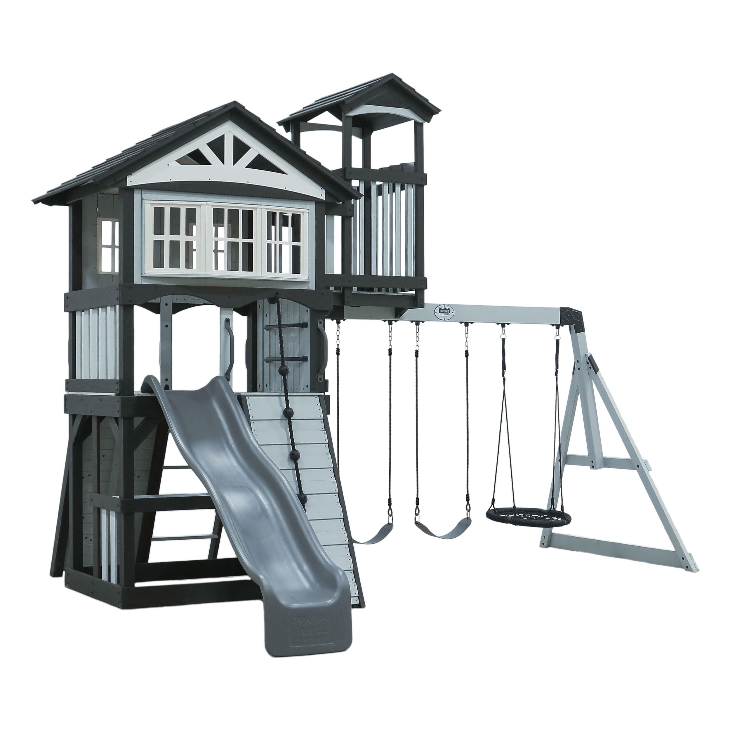Backyard Discovery Whispering Point Light Gray Cedar Wood Swing Set with Wave Slide, Clubhouse, Crows Nest, Play Kitchen, Belt S