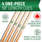 Players Set Of One Piece House Pool Cue Sticks - Professional Quality For Commercial Or Residential Use (4 Cues)