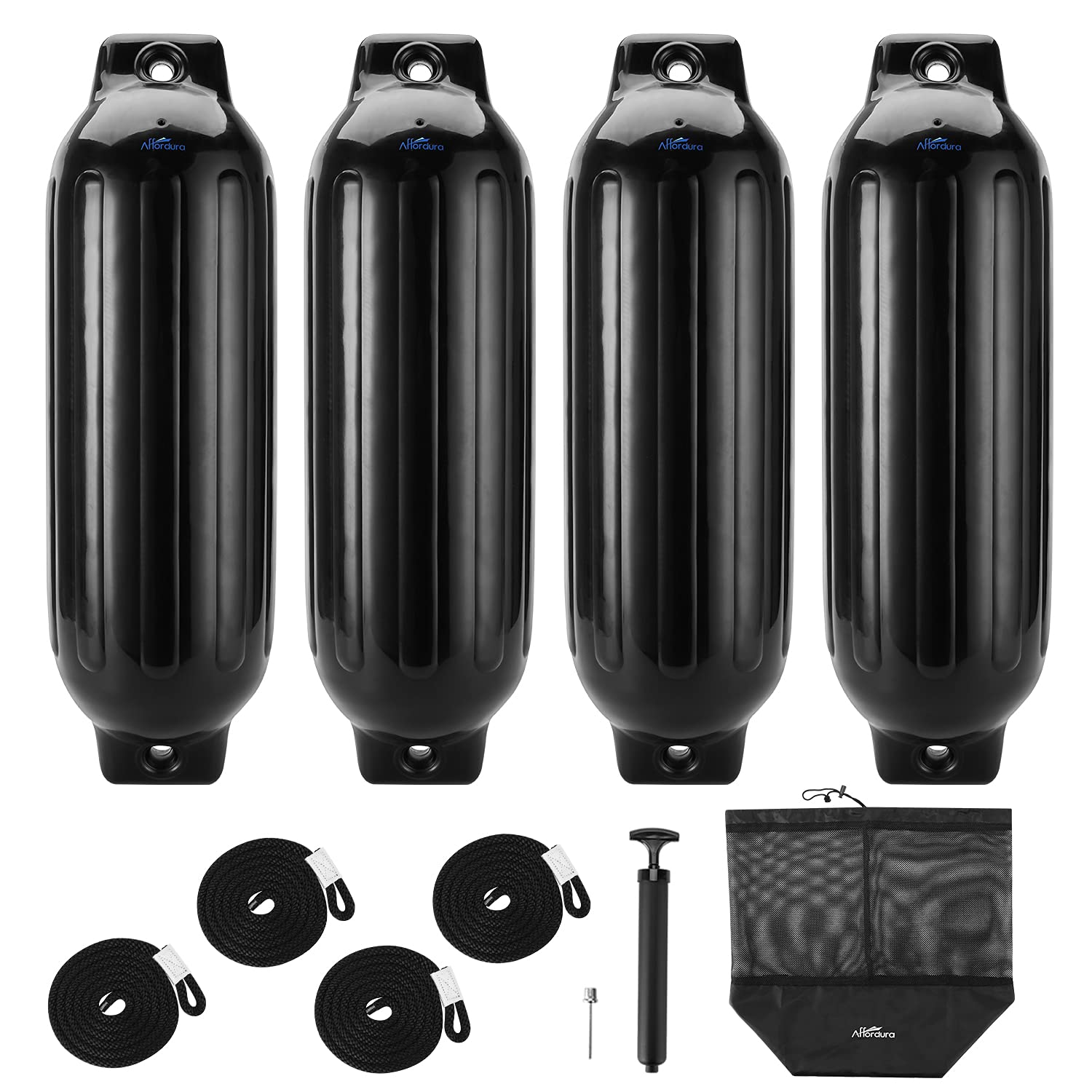 Affordura Boat Fender 4 Pack Boat Bumpers Fenders With 4 Ropes, Boat Bumpers For Pontoon Boat Fenders Inflatable (Black, 85 Inch