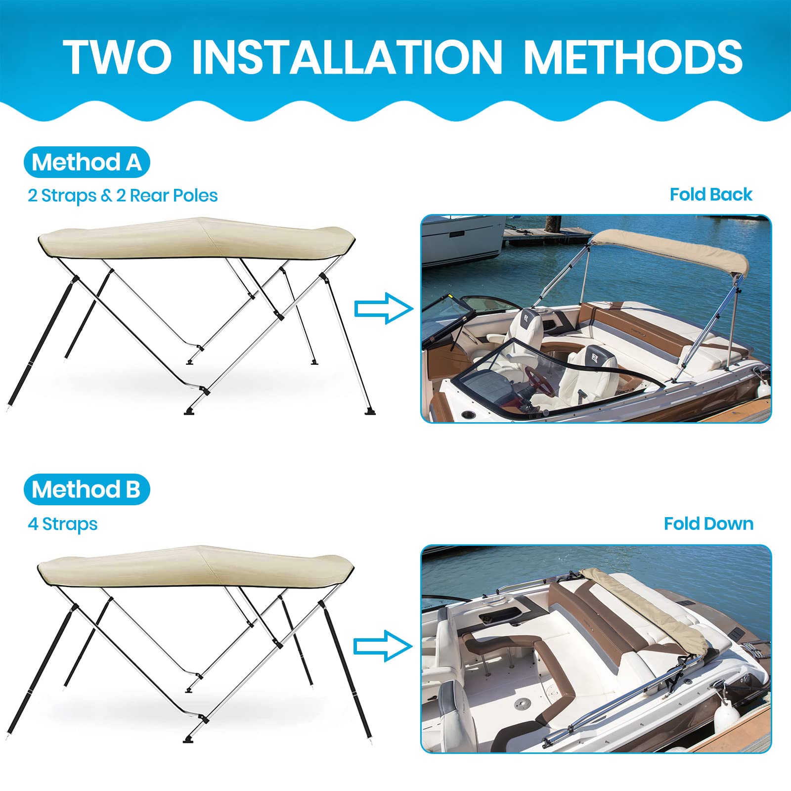 Naviskin Sand 4 Bow 8 'L X 54 '' H X 91 ''-96 '' W Bimini Top Cover Includes Mounting Hardwares,Storage Boot With 1 Inch Aluminu